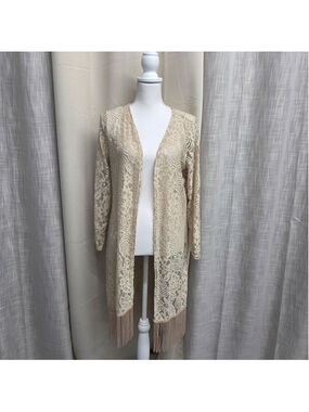 Questions Lace Fringe Open-Front Cardigan - Cream Size L